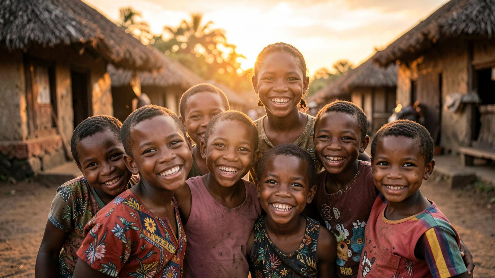 Smiling Nigerian children together at sunset in an Oyo community